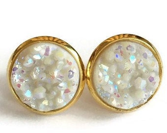 Lightweight Everyday Earrings, Circle White Druzy Stud Earrings, White Druzy Studs, Gift for Her Women, Minimalist Earrings Gold
