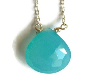 Delicate Necklace Silver, Dainty Necklace Sterling Silver,  Aqua Chalcedony Pendant Necklaces for Women, Teardrop Necklace, Stone Jewelry