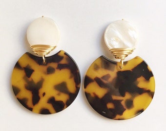 Large Brown Tortoise Shell Dangle Earrings, Lightweight Gold Statement Earrings for Women