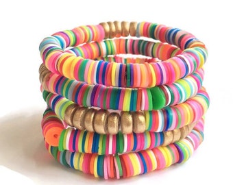 Heishi  Disc Bead Bracelet,  Colorful Rainbow Jewelry Bracelets for Women, Stackable Stretch Bracelet, Everyday Bracelet Set