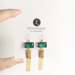 Gold Plated Dangle Earrings, Emerald Green Earrings for Women, Gold Tassel Earrings, Jewelry Gift for Her, Statement Earrings image 3