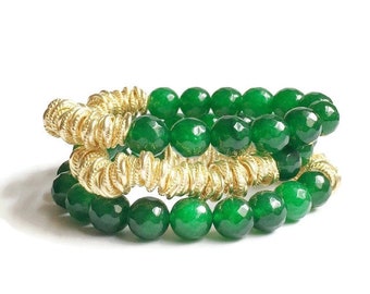 Green Jade Gemstone Bracelet Stack for Women, Stackable Beaded Bracelets, Gold Bead Bracelet, Emerald Green Jewelry Gift for Wife