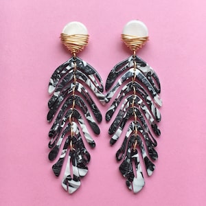 Large Palm Leaf Earrings, Black and White Statement Dangle Earrings Gold, Monstera Earrings, Resort Vacation Jewelry, Colorful Gift for Her