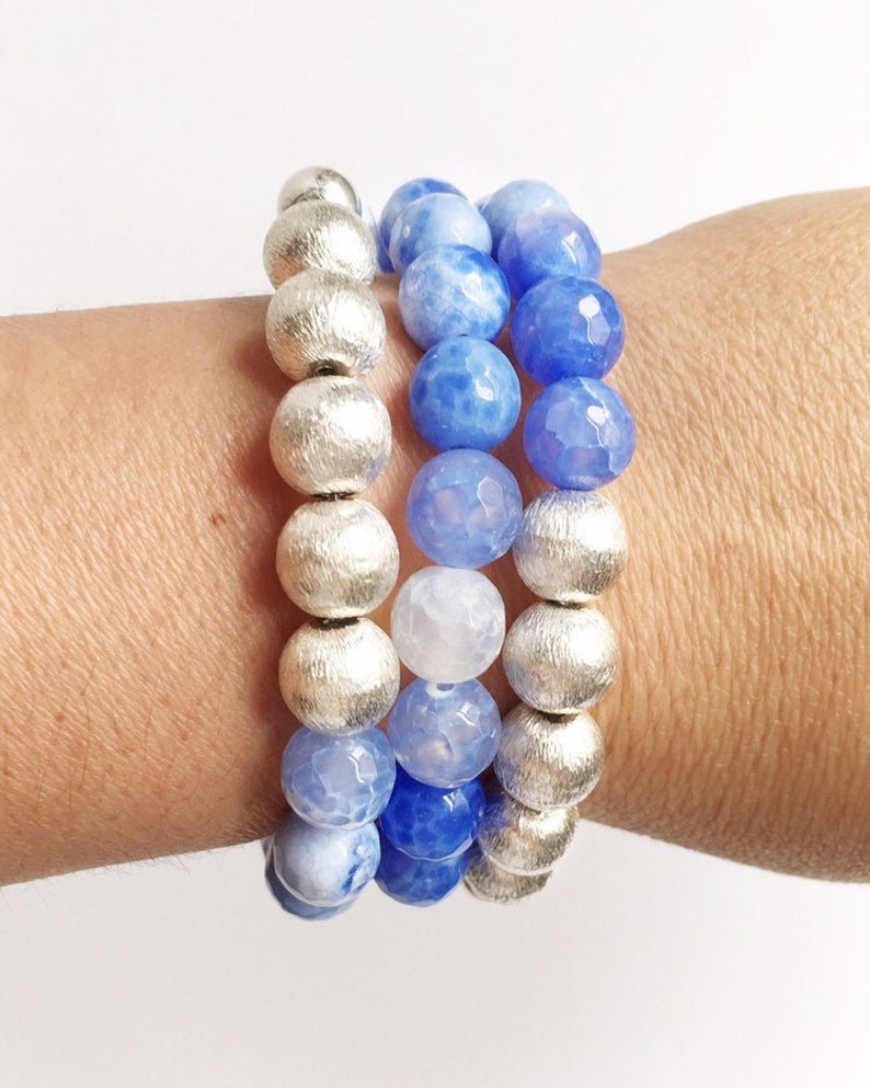 Sky Blue Lace Agate Gemstone Beaded Bracelet Women, Stackable Sterling Silver Bracelets, 4th Anniversary Gift for Women, Layering Bracelet image 3