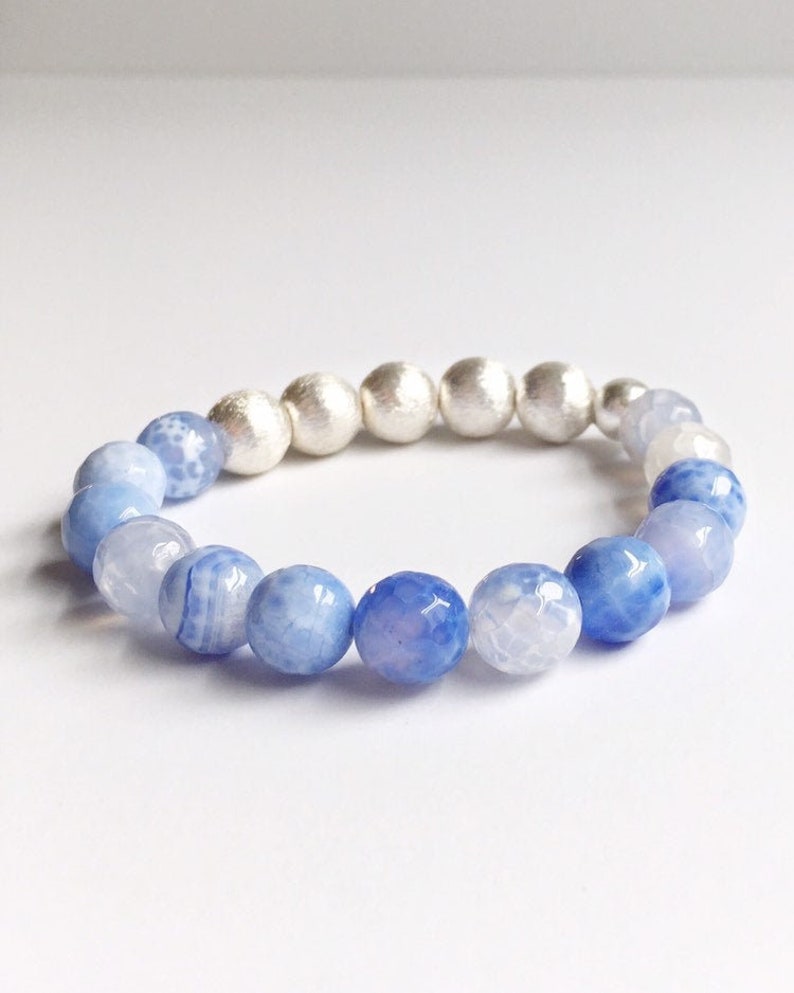 Sky Blue Lace Agate Gemstone Beaded Bracelet Women, Stackable Sterling Silver Bracelets, 4th Anniversary Gift for Women, Layering Bracelet image 2