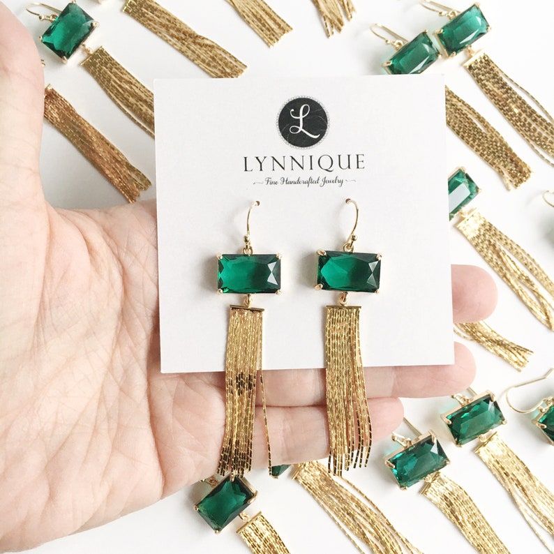 Gold Plated Dangle Earrings, Emerald Green Earrings for Women, Gold Tassel Earrings, Jewelry Gift for Her, Statement Earrings image 2