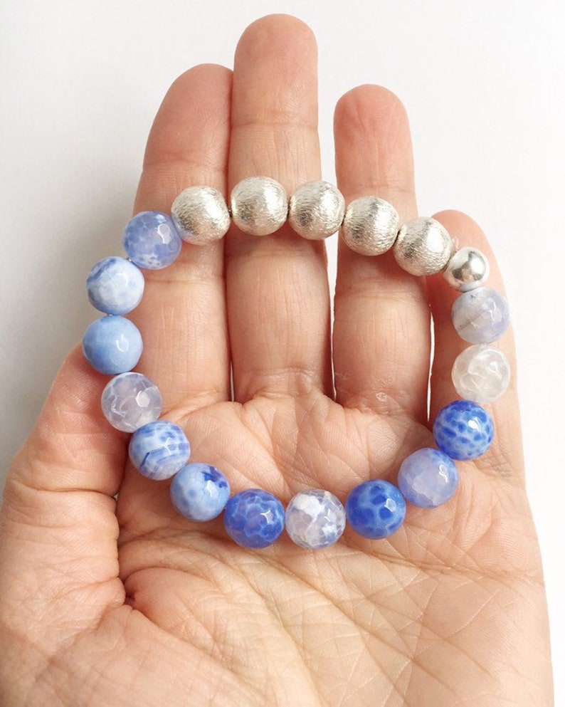 Sky Blue Lace Agate Gemstone Beaded Bracelet Women, Stackable Sterling Silver Bracelets, 4th Anniversary Gift for Women, Layering Bracelet image 4