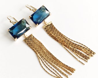 Sapphire Drop Gold Earrings for Women, Blue Dangle Earrings, Handmade Gold Fringe Tassel Earrings, Something Blue Earrings for Bride