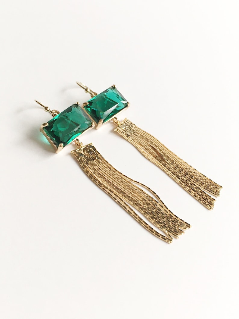 Gold Plated Dangle Earrings, Emerald Green Earrings for Women, Gold Tassel Earrings, Jewelry Gift for Her, Statement Earrings image 1