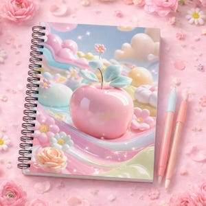May include: A spiral-bound notebook with a whimsical illustration of a pink apple with leaves, set against a pastel landscape. Two pens in shades of pink and peach lie beside the notebook. The scene is surrounded by pink roses and daisies.