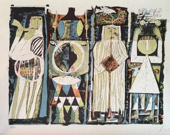 May include: A colorful abstract print with four figures in a stylized setting. The figures are dressed in white and black striped clothing and are holding musical instruments. The background is a mix of black, white, and green.