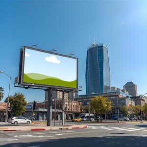May include: A large billboard with a blue sky background and a simple landscape design of green hills and a white cloud. The billboard is in an urban setting with buildings, cars, and a tall skyscraper in the background.