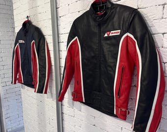 Vintage Dainese Leder Motorradjacke Rot / Schwarz mit weißen Streifen - Größe 44