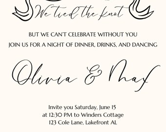 May include: A wedding invitation featuring a black and white illustration of a bow at the top. The text reads "We tied the knot" and "Olivia & Max". The invitation includes the date, time, and location of the wedding reception. The text at the bottom reads "RSVP to the Mark"