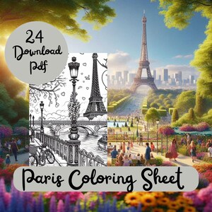 24 Paris Coloring France Coloring Sheet Coloring Book Travel,Paris Theme Pages for Adults & Kids, Relaxing Activity for Art Lovers