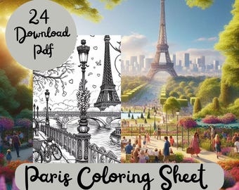 24 Paris Coloring France Coloring Sheet Coloring Book Travel,Paris Theme Pages for Adults & Kids, Relaxing Activity for Art Lovers