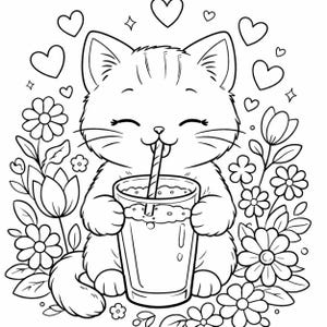Può includere: Un'illustrazione in bianco e nero in stile line art da colorare che raffigura un gattino sorridente che tiene in mano un bicchiere con una cannuccia. Il gattino è circondato da vari fiori e cuori fluttuanti, creando una scena dettagliata da colorare.