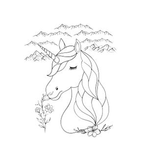 May include: Line art drawing of a unicorn with closed eyes and a horn, surrounded by mountains and flowers.