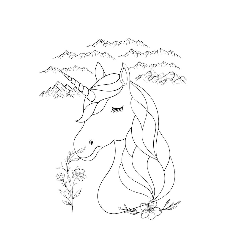 May include: Line art drawing of a unicorn with closed eyes and a horn, surrounded by mountains and flowers.