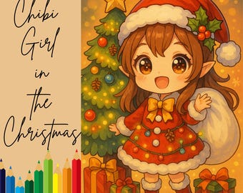 26 Libro para colorear navideño de chicas Chibi para niños y adultos. Adorables y lindas chicas kawaii celebrando la Navidad. Divertidas escenas festivas de anime de fantasía.