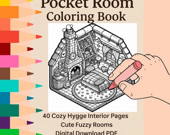 Pocket Room Coloring Book Printable – 40 Cozy Hygge Interior Pages – Cute Fuzzy Rooms – Digital Download PDF for Adults