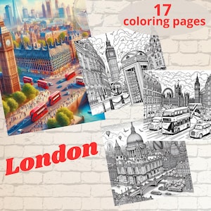 Può includere: 17 pagine da colorare con monumenti iconici di Londra, tra cui Big Ben, il London Eye e la Cattedrale di San Paolo. Le pagine sono in bianco e nero e pronte per essere colorate.