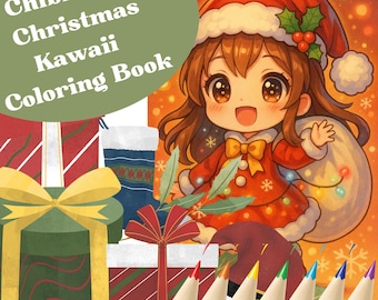 süßes kawaii Weihnachtsmädchen-Malbuch für Erwachsene und Kinder. Kawaii-Weihnachtszeichnung als PDF zum Stressabbau