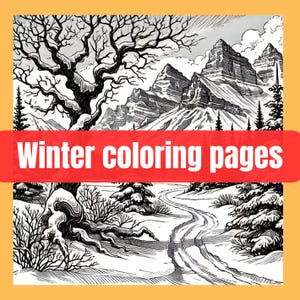 Può includere: Illustrazione in bianco e nero di una scena invernale con un sentiero tortuoso che conduce a una catena montuosa. La scena include un grande albero con rami spogli, alberi più piccoli e un terreno ricoperto di neve. Il testo "Winter coloring pages" è visualizzato nella parte inferiore dell'immagine.