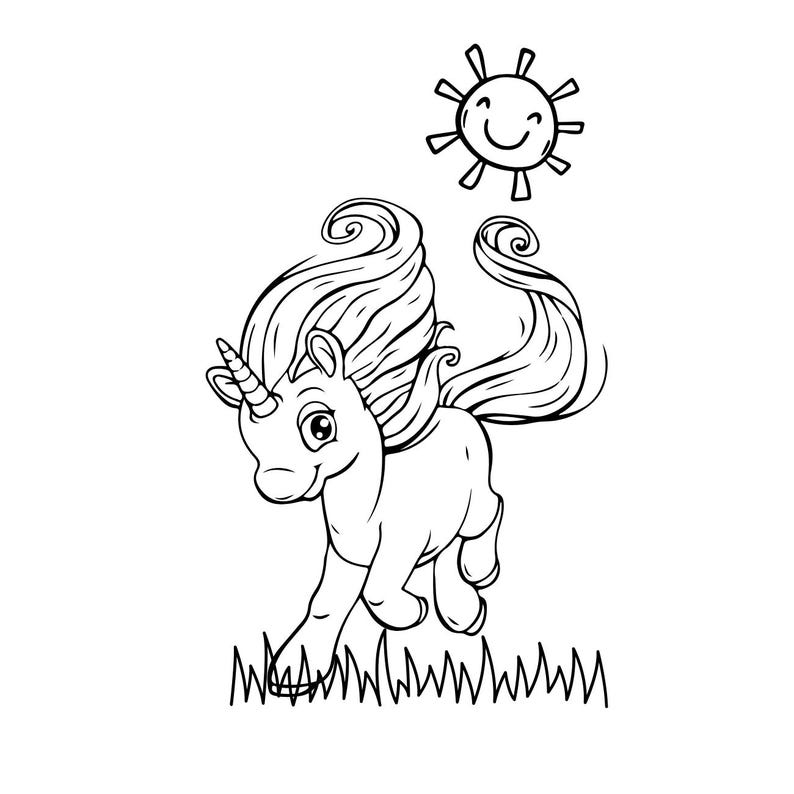 May include: A black and white line drawing of a unicorn running through a field of grass with a smiling sun above it.