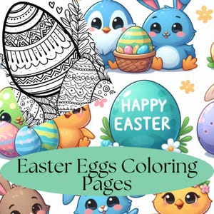 Può includere: Una pagina da colorare con una varietà di illustrazioni a tema pasquale, tra cui uova, coniglietti, pulcini e un pinguino. La pagina include il testo "Buona Pasqua" e il titolo "Pagine da colorare uova di Pasqua".