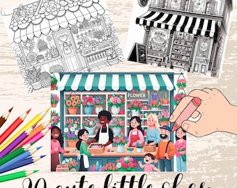 20 Cute Little Shop Coloring Pages | Bold & Easy Coloring Book for Kids and Adults|kawaii town storefront coloring