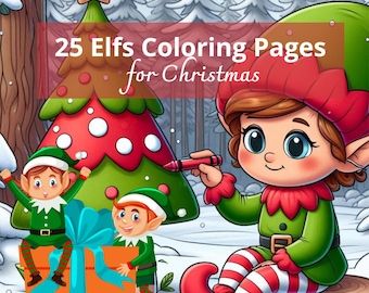 May include: A set of 25 coloring pages featuring elves for Christmas. The image shows three elves, one with a red and white striped hat, one with a green hat, and one with a blue hat. The elves are holding a gift box and a crayon.