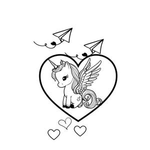 May include: A black and white line drawing of a unicorn with wings inside a heart shape. The unicorn has a horn, a star on its flank, and a curly tail. There are paper aeroplanes and hearts around the heart shape.