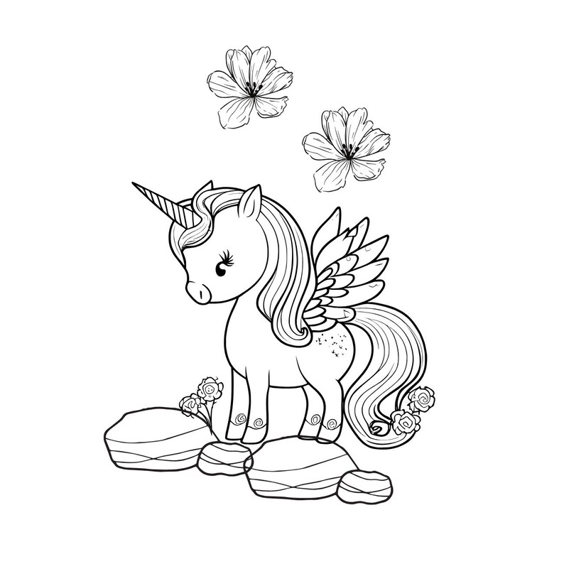 May include: A black and white line drawing of a unicorn with wings standing on two rocks. The unicorn has a long flowing mane and tail. There are two flowers above the unicorn.