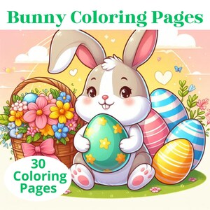 Può includere: Un coniglio dei cartoni animati carino che tiene un uovo di Pasqua verde e giallo. Il coniglio è seduto sull'erba verde con un cesto di fiori e altre uova di Pasqua dietro di lui. Il testo "30 Coloring Pages" è in un cerchio verde in basso a sinistra dell'immagine.