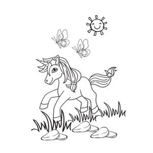 May include: A black and white line drawing of a unicorn with a star on its tail, running through a field of grass with rocks. There are two butterflies and a sun with a smiley face in the background.