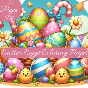 Può includere: Un set di 25 pagine da colorare con uova di Pasqua, con uova colorate, pulcini e bastoncini di zucchero. Le pagine sono perfette per i bambini di tutte le età per colorare e celebrare la festa.