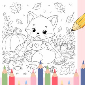 Può includere: Una pagina da colorare in bianco e nero con una volpe che indossa una sciarpa e tiene in mano una tazza con un cuore. La scena include una zucca, funghi, un cesto di ghiande e foglie che cadono, con una matita gialla nell'angolo.