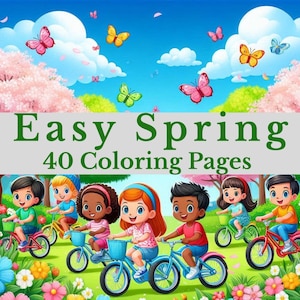 Può includere: Un'illustrazione colorata di bambini che vanno in bicicletta in un parco con un tema primaverile. L'immagine include farfalle, fiori e uno striscione che dice "Easy Spring 40 Coloring Pages".