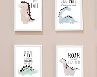 Roar-some Dinosaur Watercolor Baby Nursery Prints, Set of 4 Dinosaur Theme Prints, Toddler Room Decor, Boys Room Printable Wall Art Decor