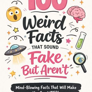 May include: A white background with the text "100 Weird Facts That Sound Fake But Aren't" in pink and black. The image includes illustrations of a brain, a test tube, a magnifying glass, and a UFO. The text "Mind-Blowing Facts That Will Make You Say WTF?!" is at the bottom.