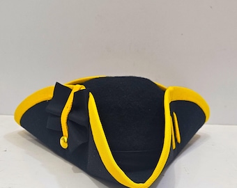 Sombrero pirata de fieltro de lana gruesa negra de lujo, estilo tricornio