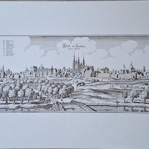 Halle in Sachsen – Stadtansicht aus dem 16. Jahrhundert von Braun und Hogenberg – Leipzig-Nachdruck aus den 1950er Jahren auf Randpapier