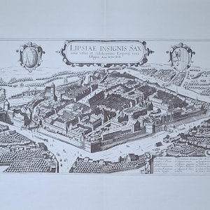Leipziger Stadtansicht – Kupferstich von Braun und Hogenberg aus dem 16. Jahrhundert – Leipzig-Nachdruck aus den 1950er Jahren auf Randpapier
