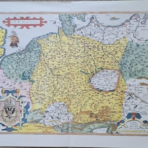Ortelius' Karte von Germanien aus dem 16. Jahrhundert – Leipziger Nachdruck aus den 1950er Jahren auf Randpapier