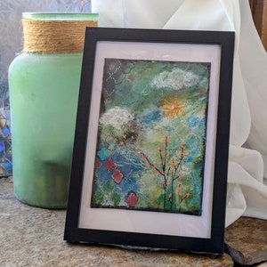 Whimsical Spring Mixed Media Original, 5x7 Signed Canvas Board, Cherry Blossom, Painting, Spring Decor, Blossom Botanical Painting, Floral