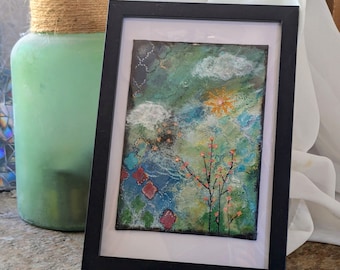 Grillig schilderij met kersenbloesem, 5 x 7 gesigneerd canvas met gemengde techniek