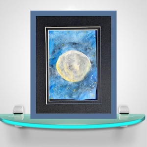 Shimmering Bright Moon & Night Sky, Original 8x6 Watercolor Painting, Free Black/White Mat Included, Free Shipping, Celestial Artwork