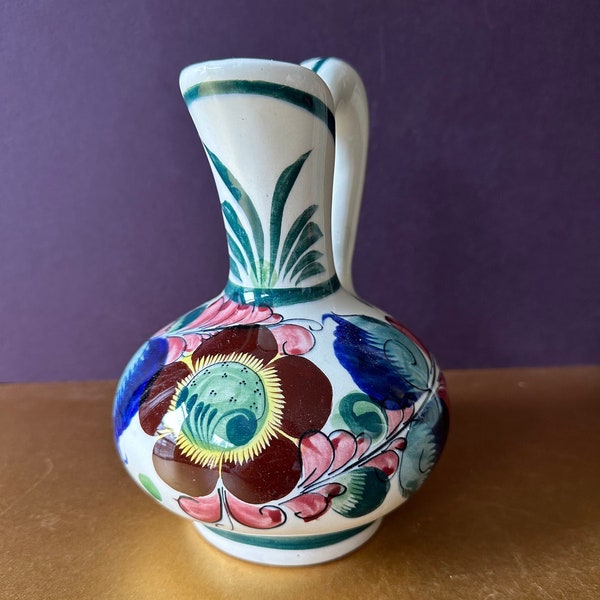 Vintage Tonala pitcher vase made in Mexico signed P.J. 7”tall 6 wide eclectic decor mix with mcm no issues vivid floral motif handmafe