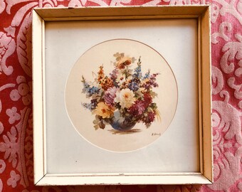 Vintage flowers arrangement print in round May framed in painted wood square frame cottage core farmhouse Hollywood bungalow decor 40s